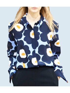 MARIMEKKO Abstract Floral Poppy Silk Full Button Blouse Size Small